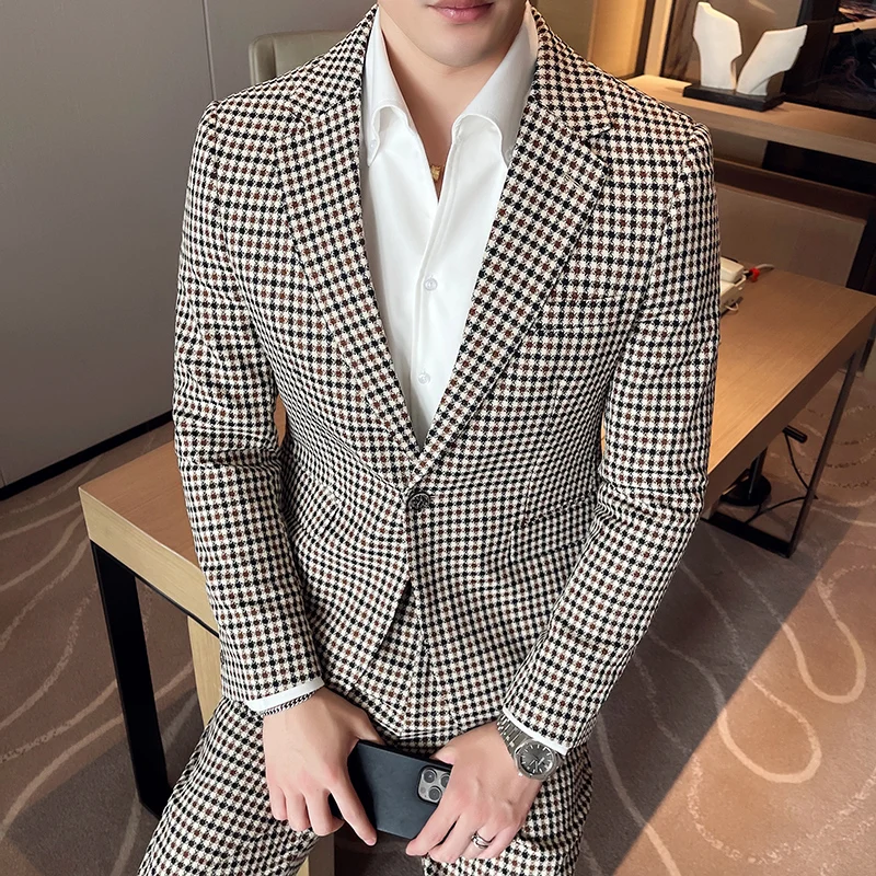 (Jacket+Pants) Luxury Houndstooth Mens Suits 2 Pieces Wedding Tuxedos Vintage Slim Fit Formal Man Set Groom Prom Business Suits