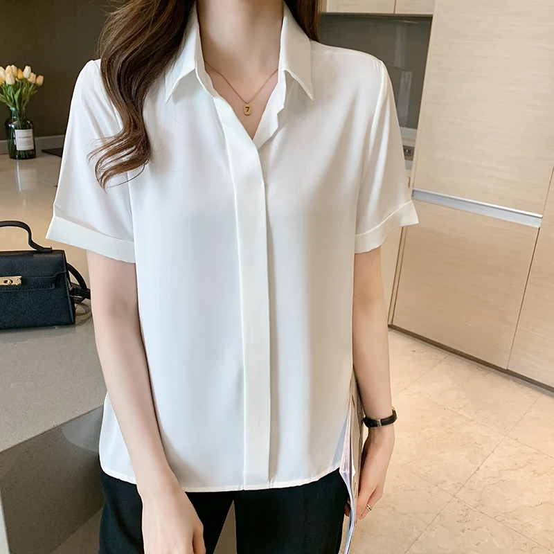 QOERLIN Chic Formal Shirt Female Summer 2021 New Korean Loose Elegant Professional Short Sleeve White Shirt Chiffon Blouse 2XL