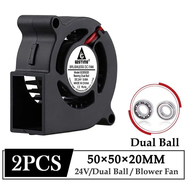 

2Pcs Gdstime 24V DC Brushless 5020 Turbo Blower Cooling Fan 50MM 50x20MM Dual Ball Centrifugal Radial Cooler Fan