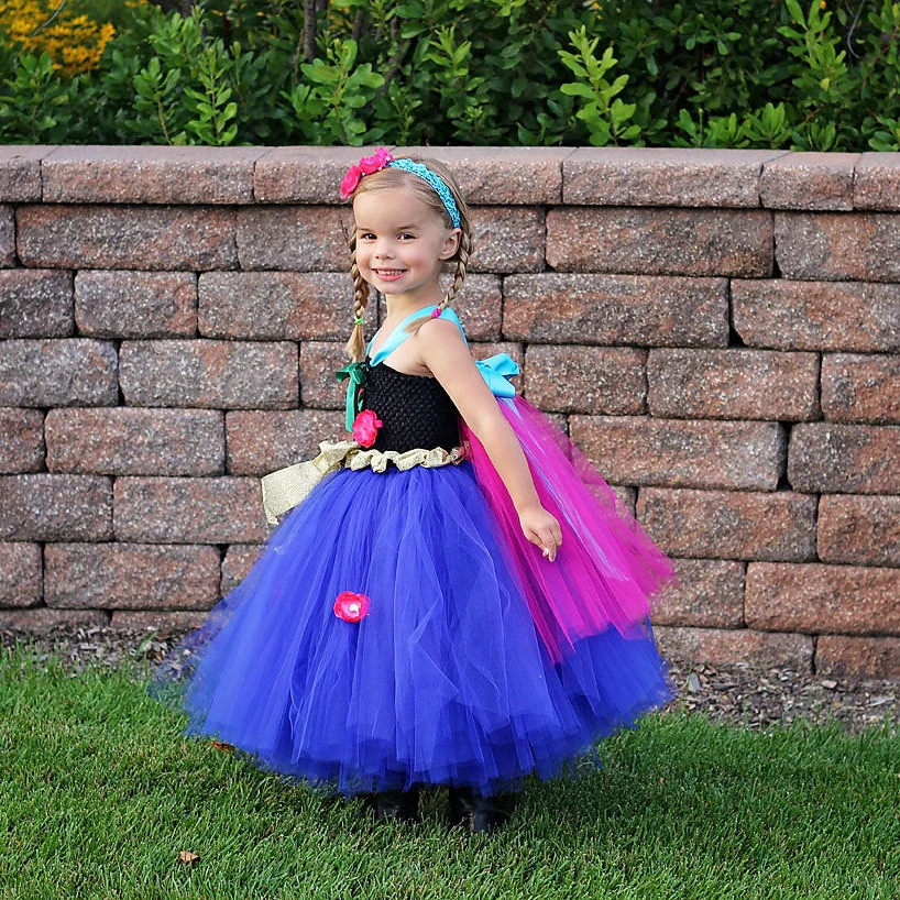 

Girls Anna Princess Flower Tutu Dress Kids Tulle Dress Ball Gown with Shawl and Hairbow Children Halloween Party Costume Dresses