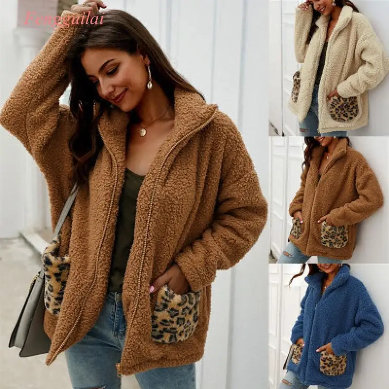 Leopard Patchwork Casual Teddy Coat Women Faux Fur Coat 2020 Autumn Winter Fur Jacket  Plus Overcoat Outwear