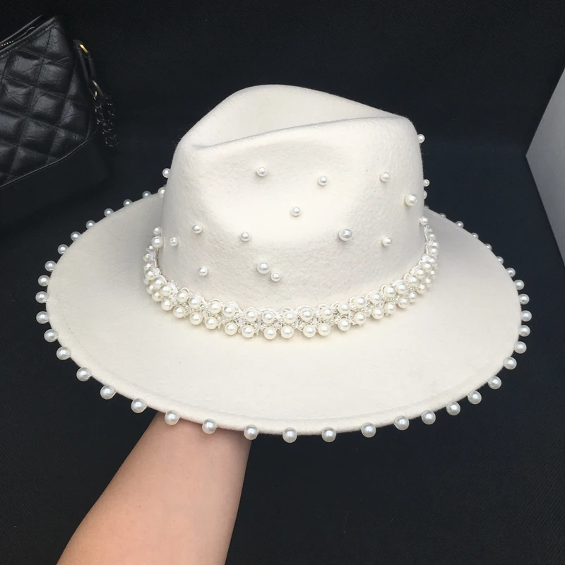 Fedora panama Autumn winter white wool women\'s hat with many Pearls ladies caps hand-made fashion French style