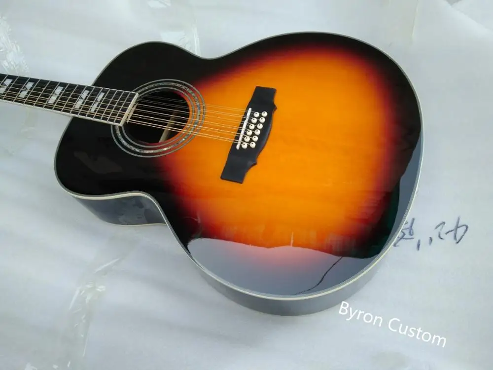 free shipping ebony fretboard F512 guitar sunburst jumbo size 12 string acoustic electric knobs solid guitar guild style guitar