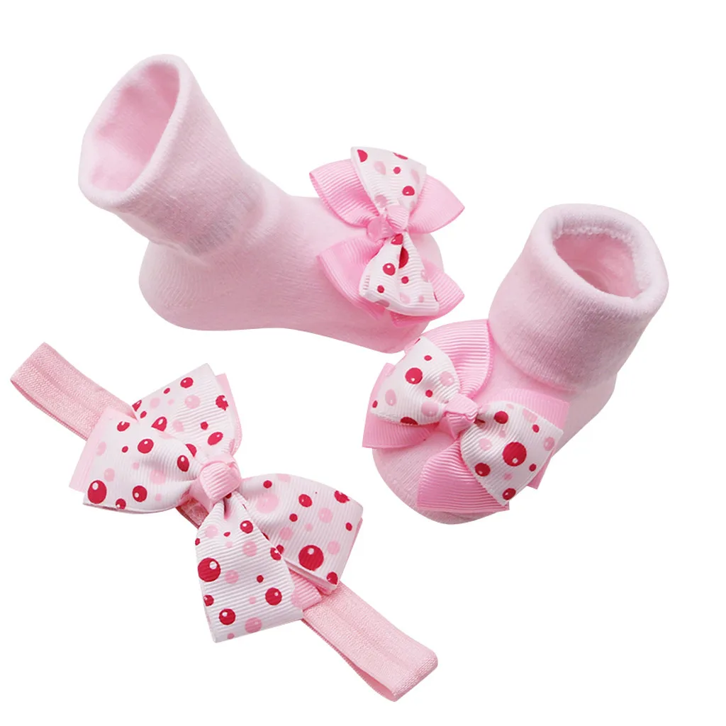 Baby Infant Socks +1PC Hair Belt Toddler Girls Bow Wave Point Non Slip Socks  Newborn Baby Socks Active Baby Keep Warm Clothes