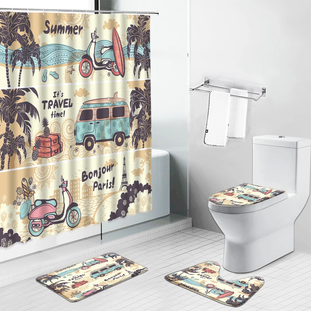 

Old Bus Surfboard Retro Landscape Shower Curtain Set Ocean Beach Scenery Bathroom Flannel Pedestal Rug Lid Toilet Cover Bath Mat