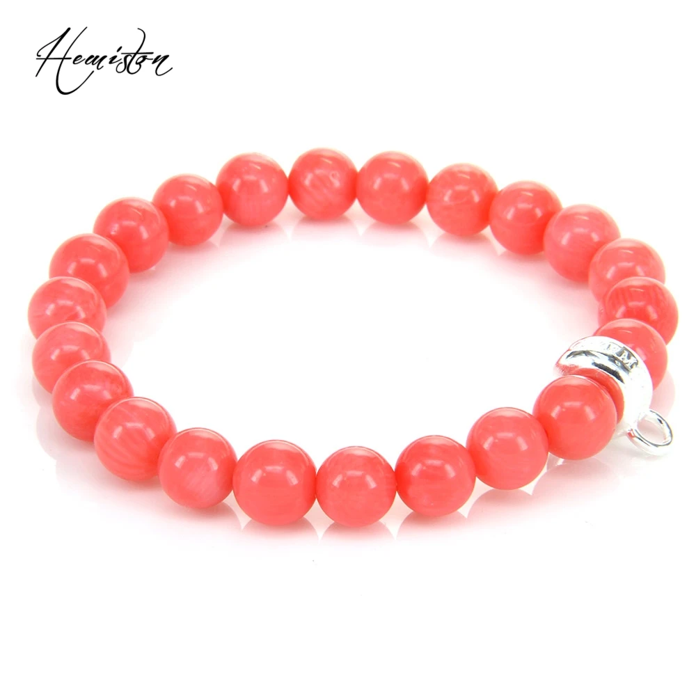 8MM TS Style Nature Stone Pink Coral Bead Charm Elastic Bracelet, European Glam Fine Jewelry For Women Gift