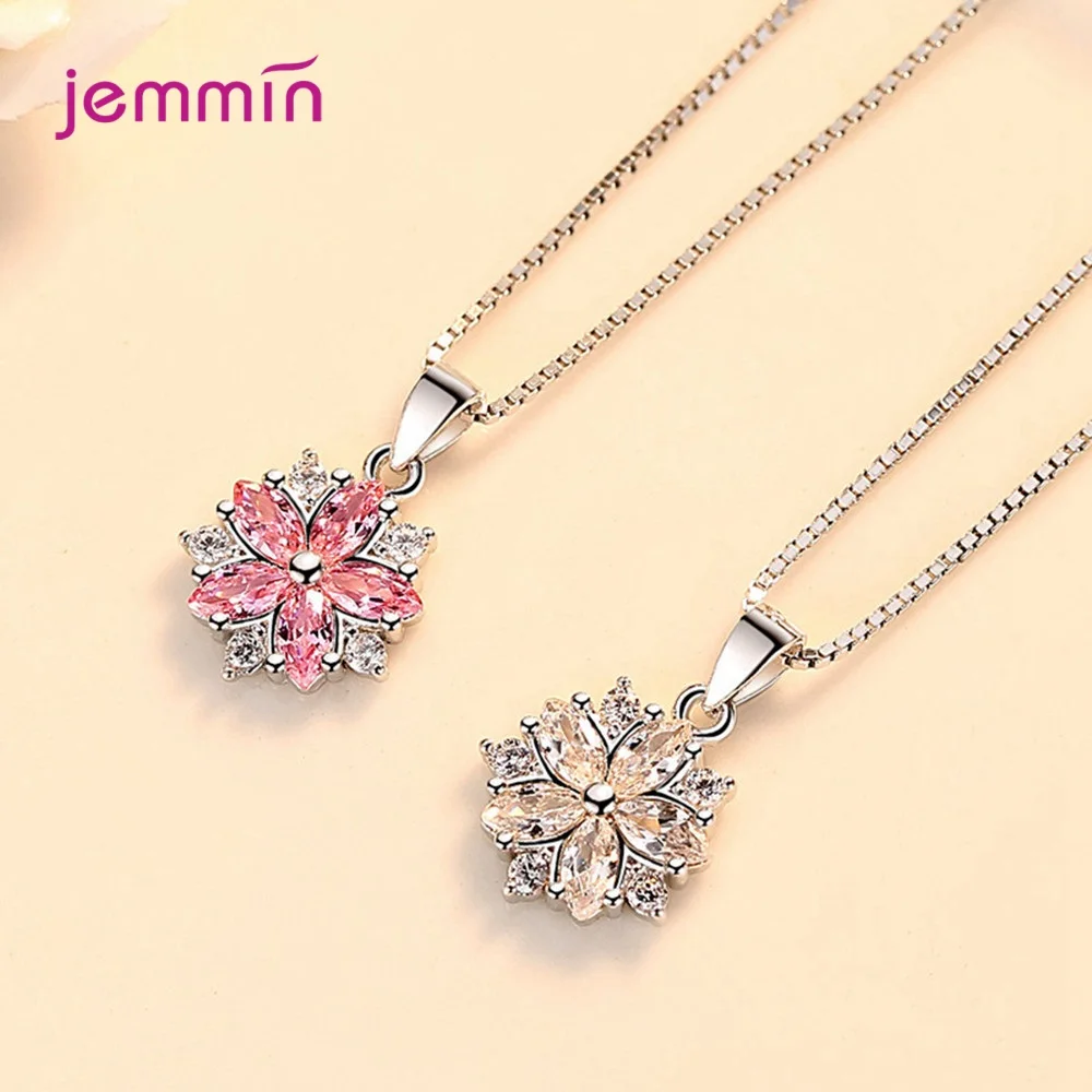 

925 Sterling Silver Women Girl Pendant Necklaces Pink/White Cubic Zircon Paved 5 Leaf Flower Shaped Charming Gift Jewelry