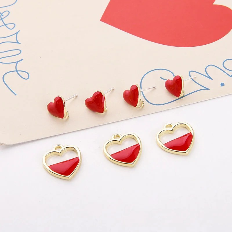 

20pcs enamel red heart charm Earrings Dripping oil Ear Studs Connector Posts Pins Base Settings Jewelry handmade DIY material