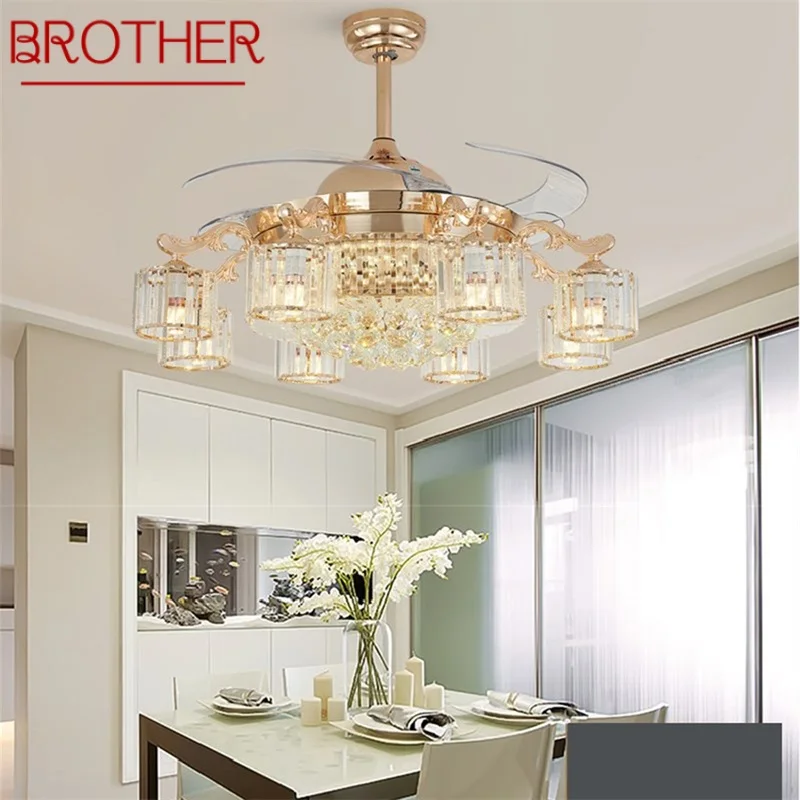 

BROTHER Ceiling Fan Lights Luxury Crystal Lamp Remote Control Without Blade Modern Gold For Home Dining Room