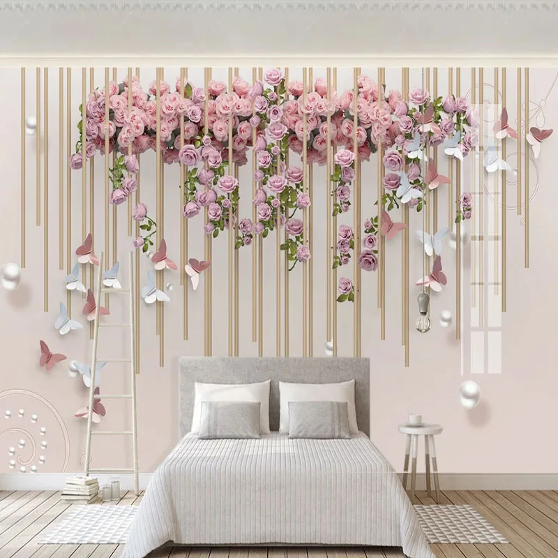 

Modern Custom Size Mural Home Interior Decoration Wallpaper Flower Butterfly Floral Painting Background Wedding Party Wall Decor