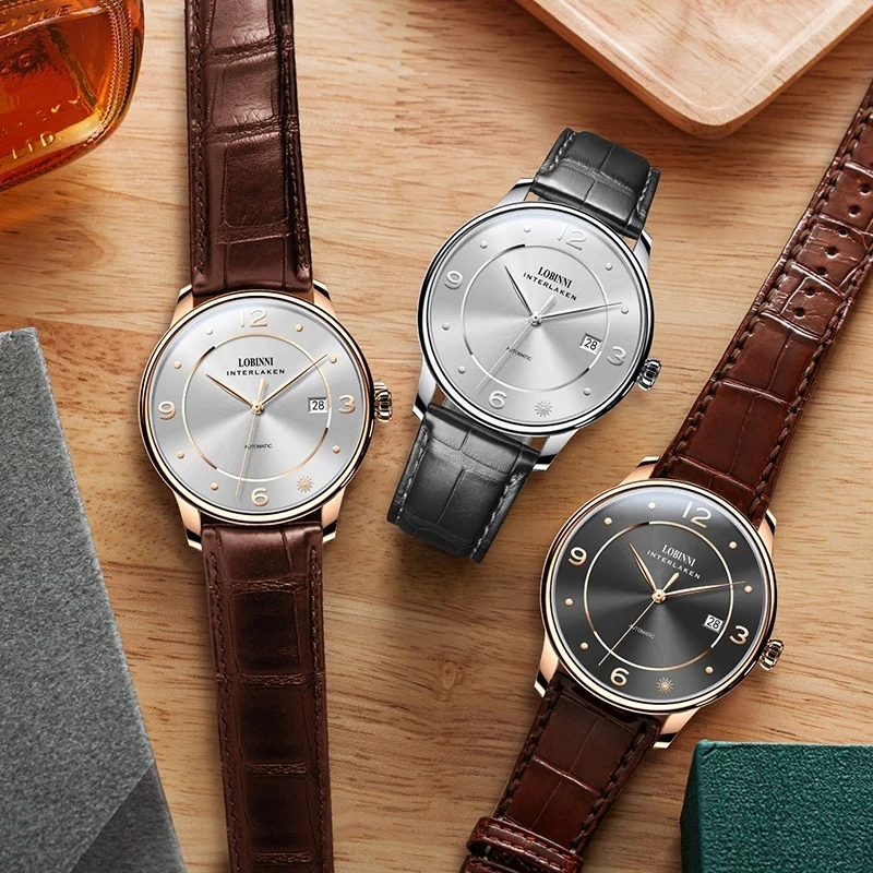 LOBINNI Herren-Automatikuhren, luxuriöse Herrenuhr, wasserdicht, mechanische Armbanduhren, Saphir ST2130, Lederarmband, einfaches Zifferblatt