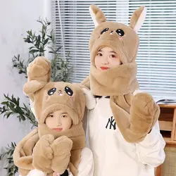 Parent Child Plush Animal 3 in 1 Furry Hoodie Hat Scarf and Gloves Funny Bunny Rabbit Hat Moving Ears for Kids Teen Girls Women