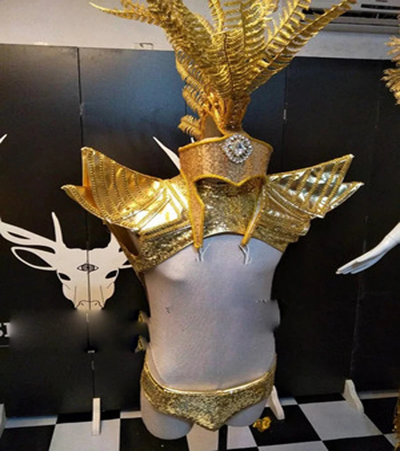 Sexy Indian golden muscle man costume Model Catwalk men stage show clothing hat headwear nightclub party gogo