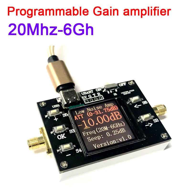 20MHZ-6GHZ Low Noise Programmable Gain Amplifier 31.75DB Dynamic range LCD digital display w serial TYPEC power HAM radio