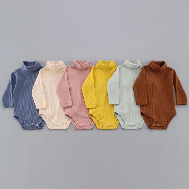 Pelele de cuello alto acanalado para bebé, mono de manga completa, mono de punto de canalé elástico, ropa infantil, trajes de otoño e invierno