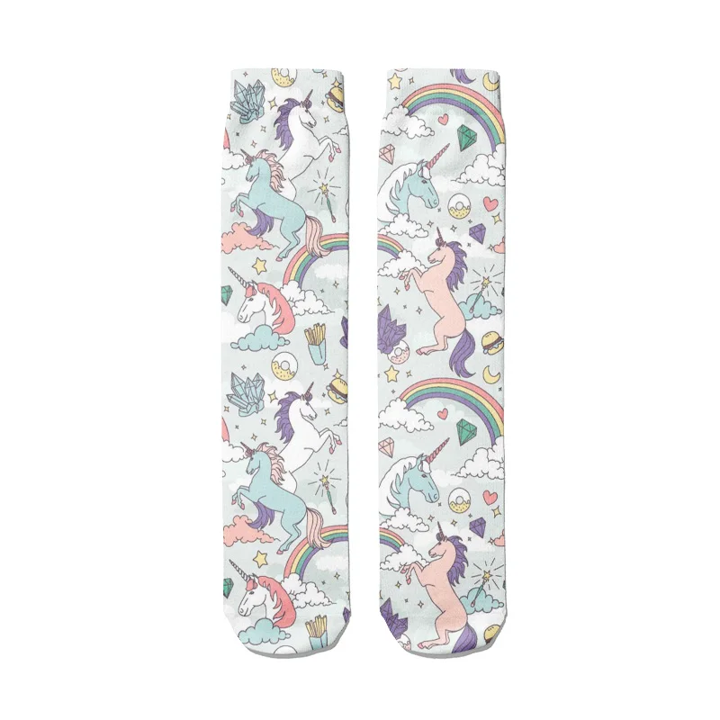 Cute Kawaii Unicorn Rainbow Women Socks Thigh High Casual Funny Compression Socks Cartoon Flowers Girl Harajuku Cotton Socks