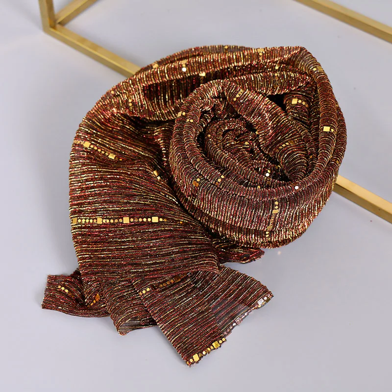 Gold Sequin Decorated Hijab Scarf Breathable Pleated Thin Long Shawl Scarves Muslim Women Headscarf Headwrap Headband Turban