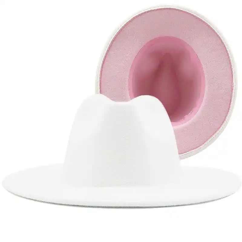 

Outer white New Inner pink Wool Felt Jazz Fedora Hats with Thin Belt Buckle Men Women Wide Brim Panama Trilby Cap 56-58CM