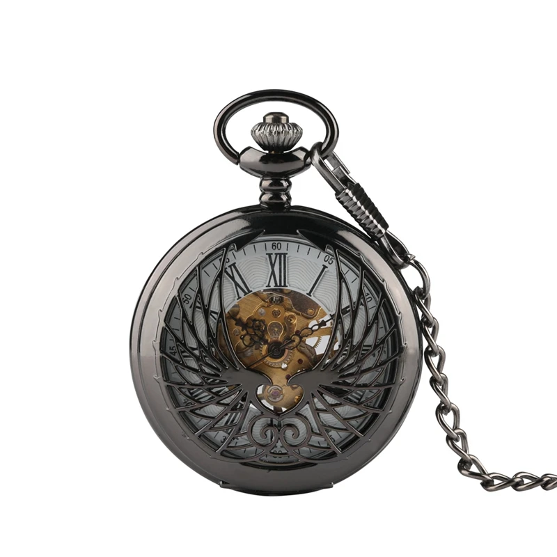 Antique Black/Bronze Hollow Phoenix Carving Mechanical Pocket Watch Roman Numeral Display Pin Chain Retro Clock Art Collectibles