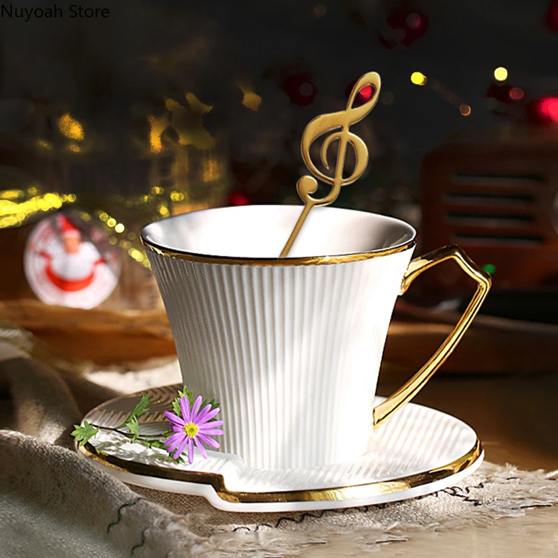 European Style Creative Luxury Ceramic Coffee Cup with Musical Note Spoon Afternoon Tea Set Living Room Coffee Table Decoration