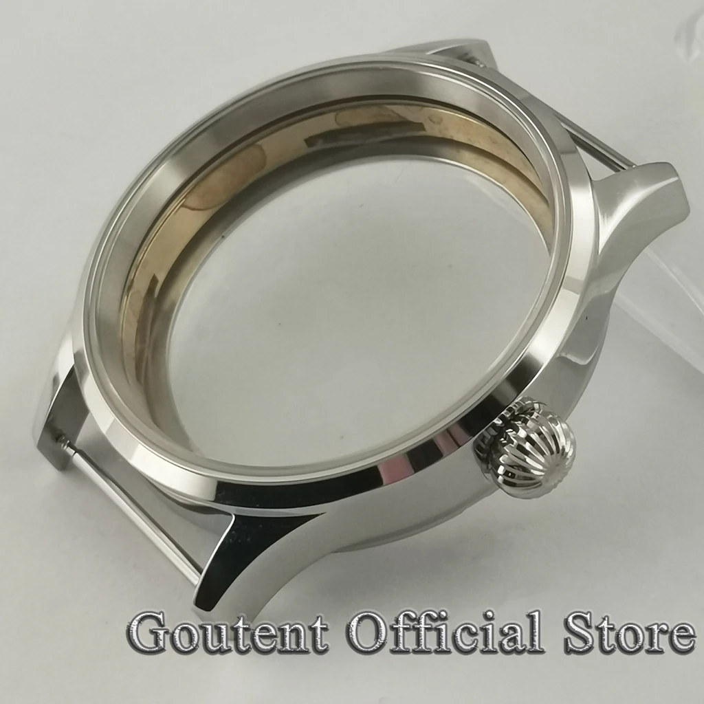 Polished / brushed 43mm Silver watch case sapphire glass sterile steel case ETA 6497,6498 Seagull ST3600 movements
