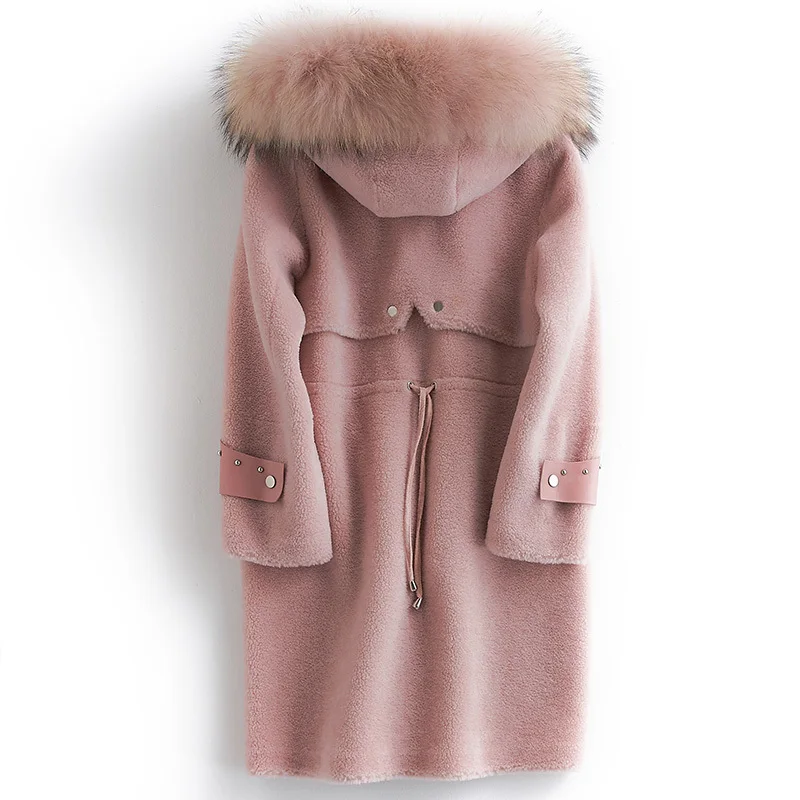 

2020 Pink Real Female Winter Women + Large Raccoon Hooded 100% Wool Long Jacket Sheep Fur Coat 23837