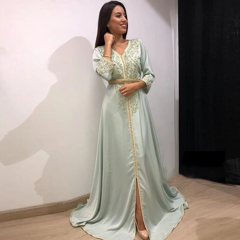 Eightale dubai vestido de noite com decote em v frisado caftan mangas compridas cetim faixa de ouro muçulmano árabe vestido de baile vestido de festa robe de soire