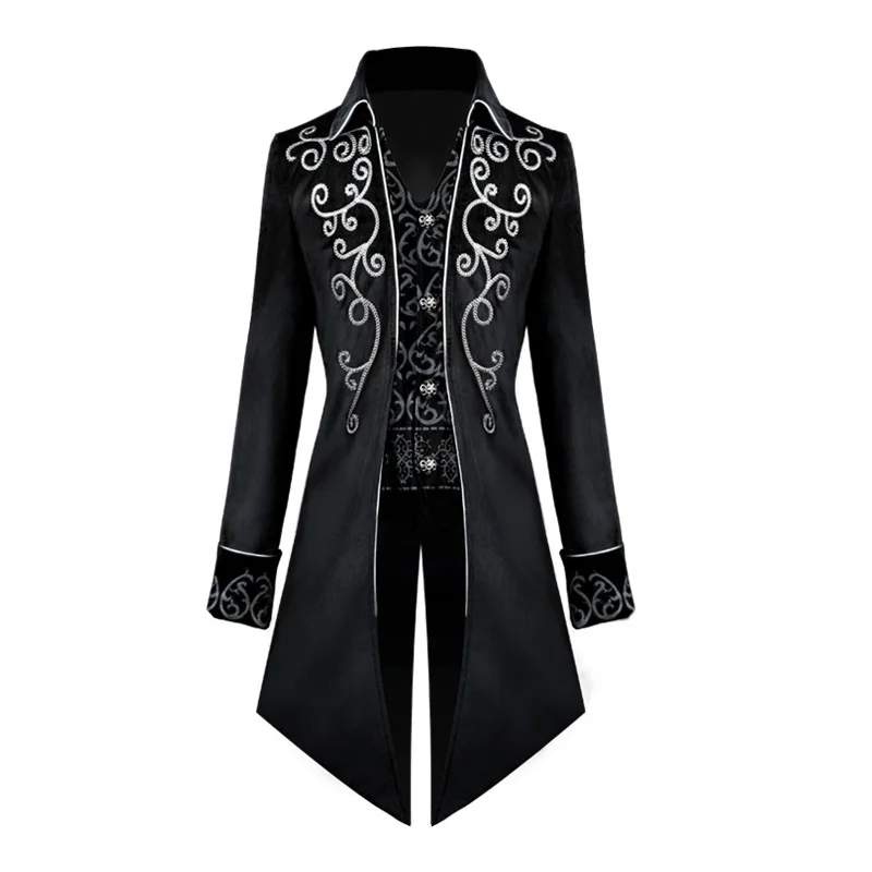 Disfraz de Cosplay Medieval para hombre, chaqueta Steampunk de pana, abrigo de cola de caballero bordado, chaqueta gótica de invierno, negro y azul