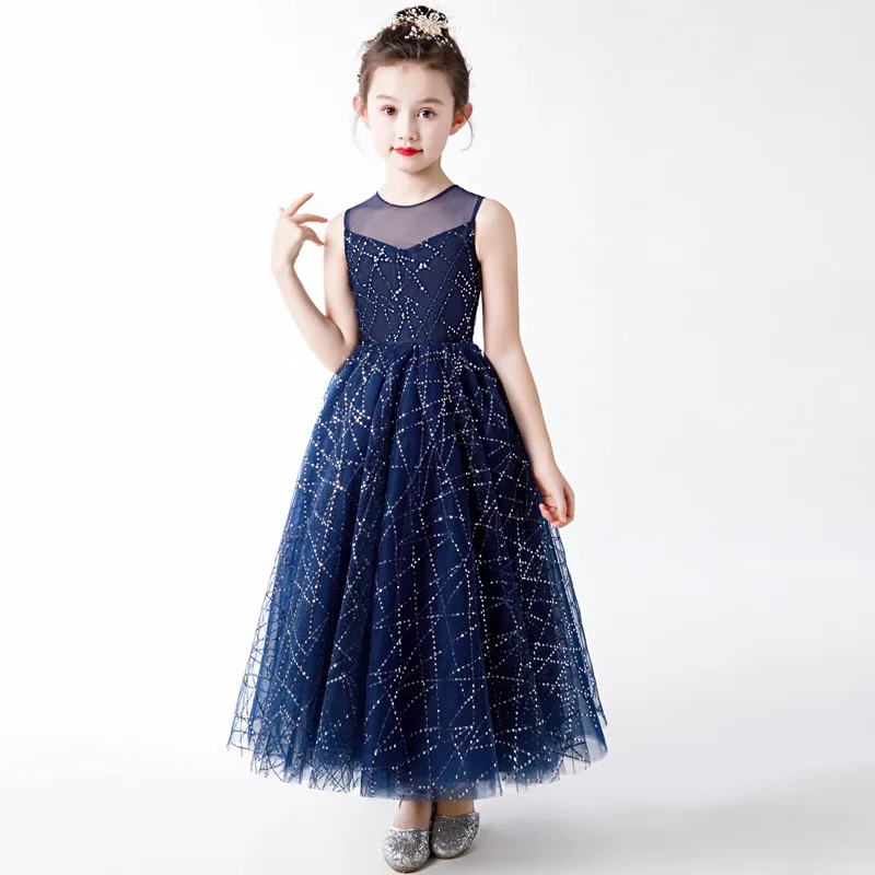 Elegante Diepe Blauwe Bloem Meisje Jurk 2020 Schoonheid Emily A-lijn O-hals Mouwloze Lovertjes Goedkope Tulle Party Jurk Voor Meisje Kinderen