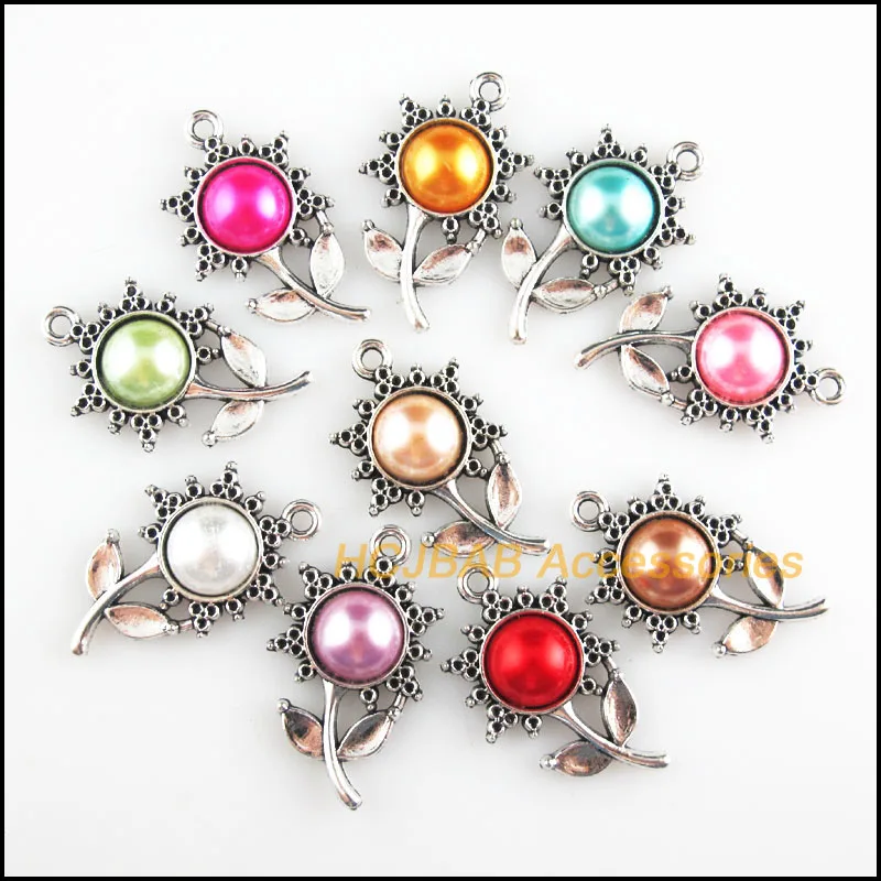 10Pcs Tibetan Silver Tone Mixed Acrylic Plant Flower Charms Pendants 16.5x28.5mm