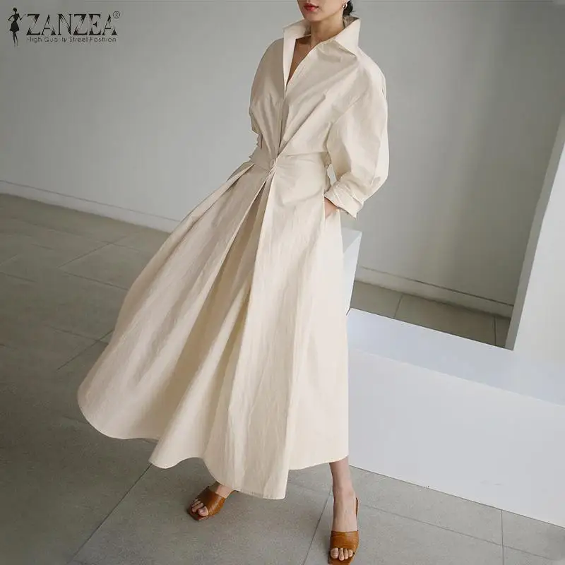 ZANZEA Fashion Lapel Neck Long Sleeve Sundress Elegant Women Autumn Long Shirt Dress Oversized Solid OL Vestidos Robe Femme