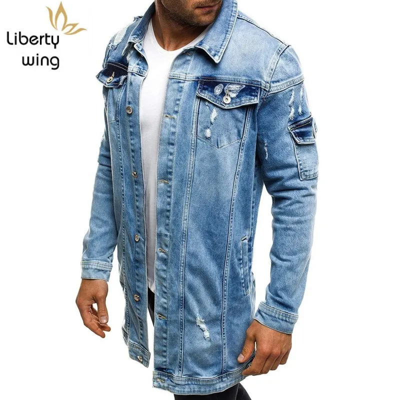 Autumn New Mens Long Denim Single Breasted Slim Fit Casual Mid Hole Ripped Cowboy Coat Safari Style Male Jean Jacket 3XL