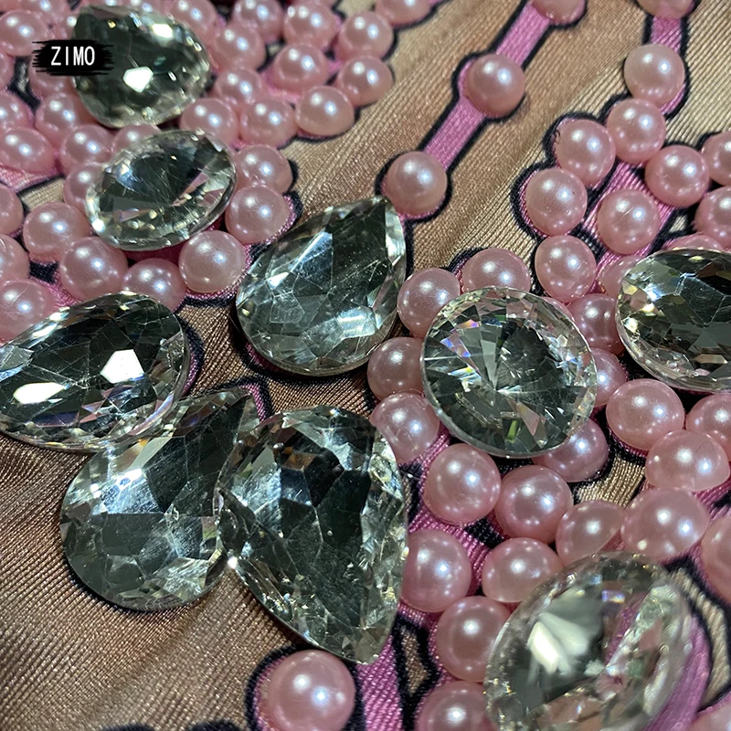 Sparkly grote Crystal Pearl Jumpsuit Vrouwen sexy verjaardagsfeestje Roze nachtclub Kostuum pole Dance Stage Wear Singerfestival Outfit