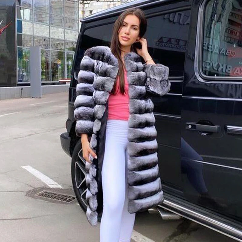 Real Rex Rabbit Fur Jacket For Women Long Chinchilla Rex Rabbit Fur Coat High Quality Rabbit Fur Coats Hot Seller