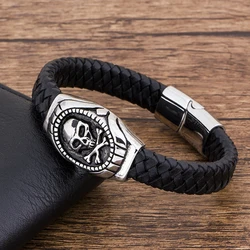 TYO Fashion Charm Stainless Steel Magnetic Black Genuine Leather Braided Men Bracelet Jewelry Skull Rope Wholesale Accessories
