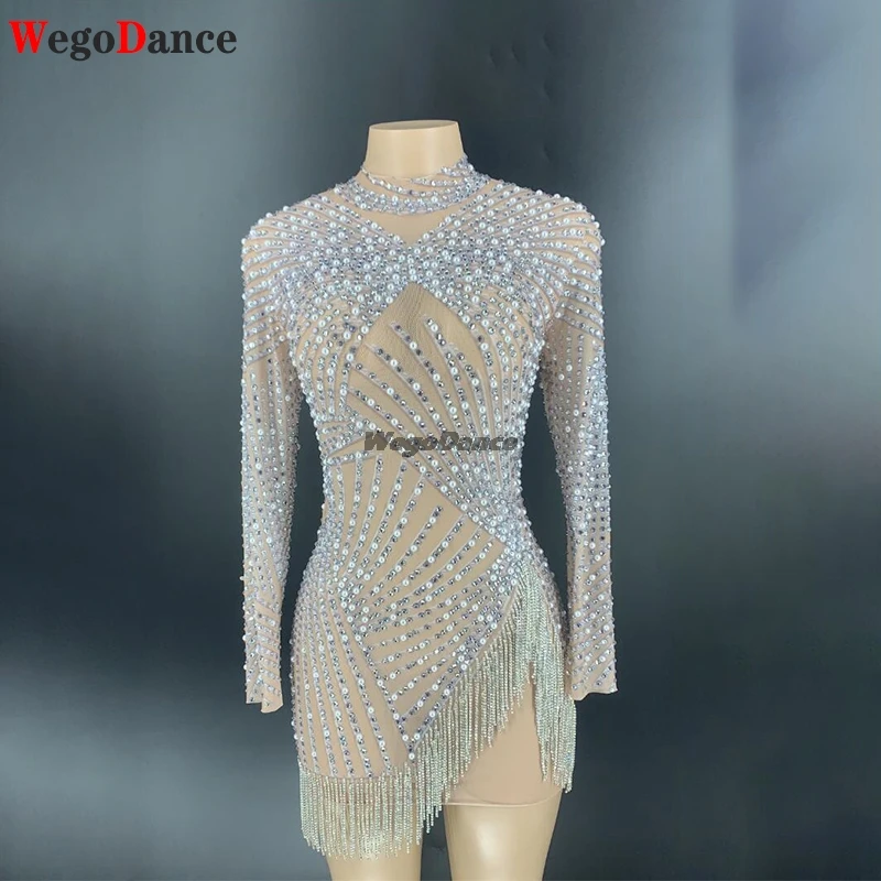 

New Silver Rhinestones Fringe Pearl Transparent Long Sleeves Women Dance Show Dress Bar Birthday Mesh