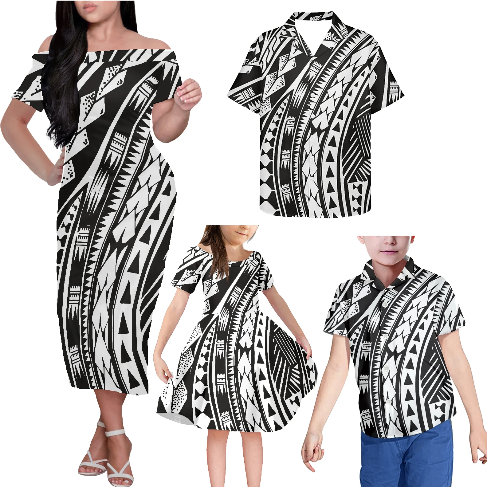 

HYCOOL Samoan 4pcs Family Matching Outfits For Party Tattoos Print Tribal Clothes For Mom And Daughter Birthday Dress For Girls