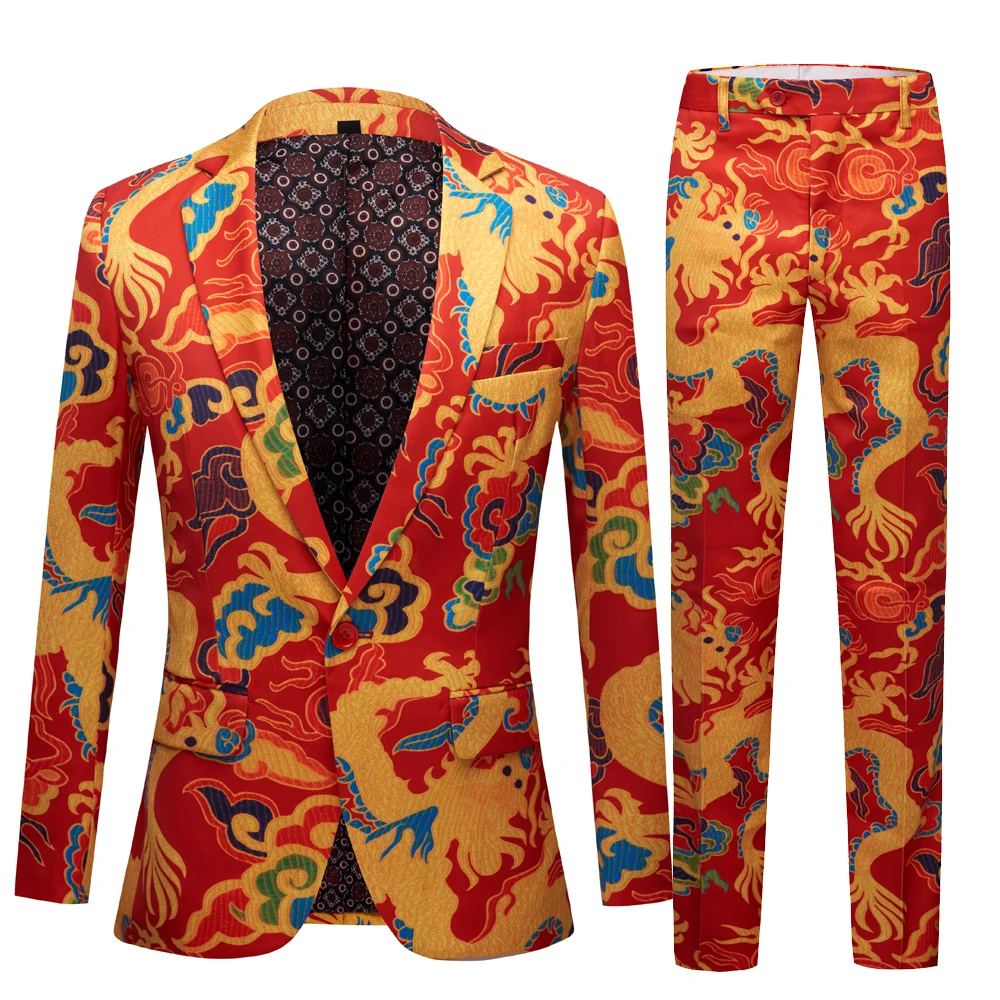 New Chinese Style Red Dragon Print Suit Men Stage Singer Wear 2 Pieces Set Slim Fit Wedding Tuxedo Costume Ball  party