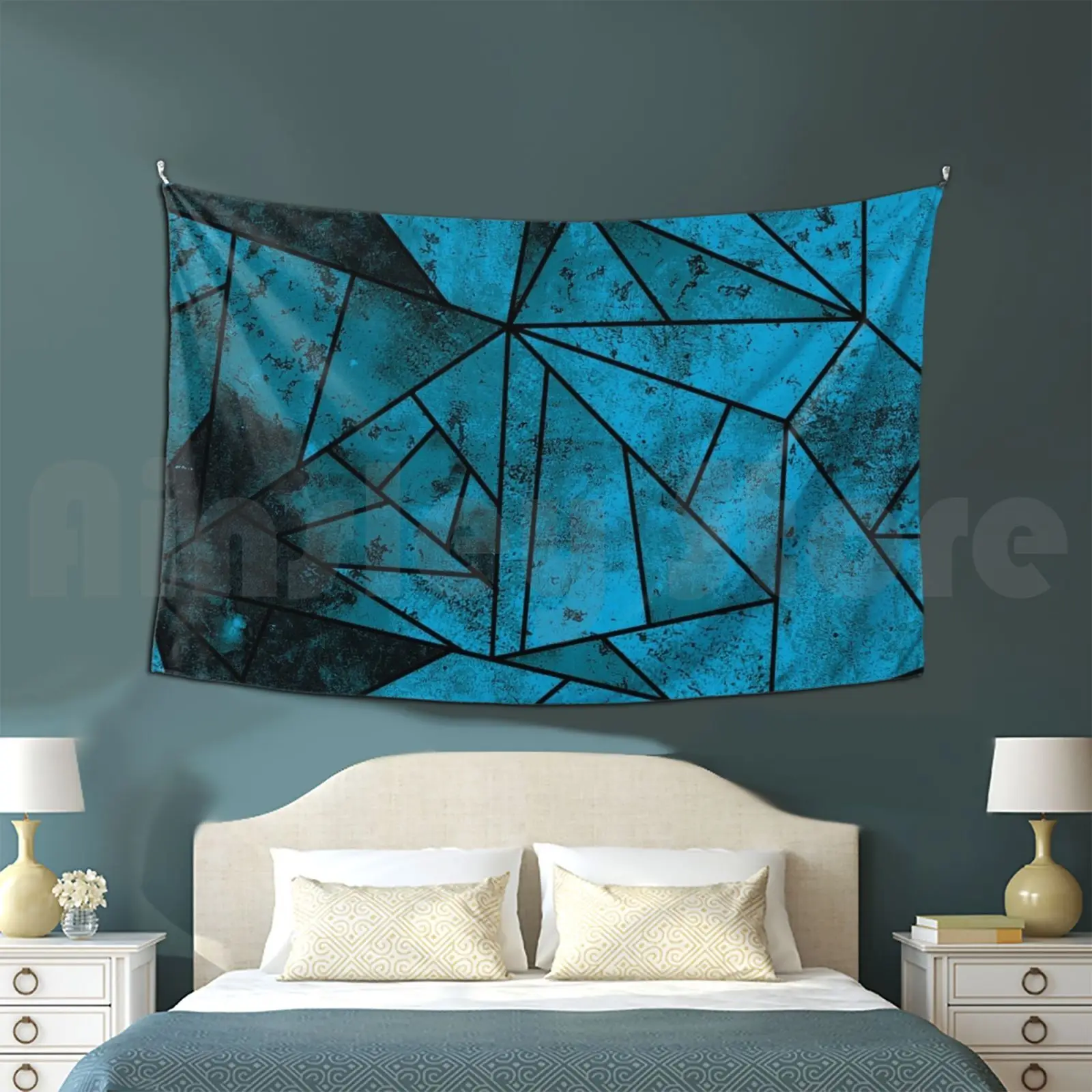 Tapestry Aqua Blue And Black Geometric Pattern 2620 Modern Abstract Modern Abstract Modern