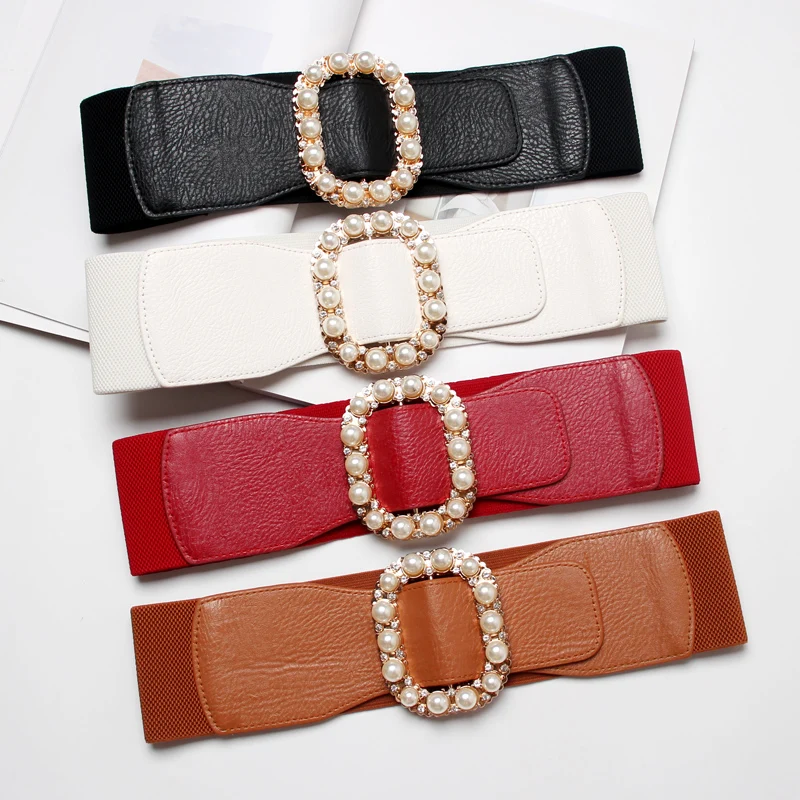 PU Leather High Elastic Wide Belt for Women Stretch Waist Belt for Dress Autumn Stretch Women Belts White Red Pearl Buckle Belt