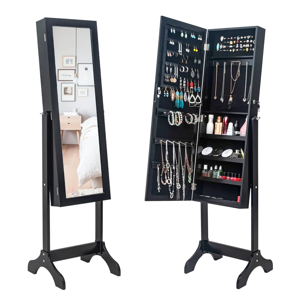 Mirror Cabinet  Non Full Mirror Wooden Floor Standing 4-Layer Shelf Jewelry Storage Adjustable Mirror Cabinet *Black