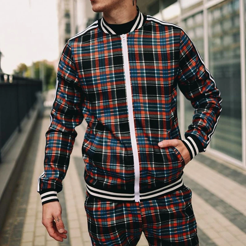 Men Spring And Autumn Large Casual Fashion Joker Checkered Sports Suit Stand Collar Zipper Cardigan Jacket Trousers Two Sets