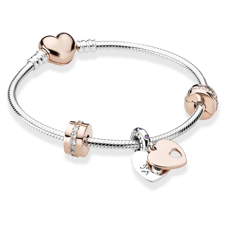 European Heart-shaped Pendant Charm Bracelet Fit Women\'s Jewellery Snake Chain Rose Gold Metal Fashion Fine Bracelets