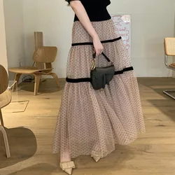 Women Skirt Summer Polka Dot Mesh A-line Tutu Skirt Black Mesh Long Skirt Evening Night party mujer faldas 2021