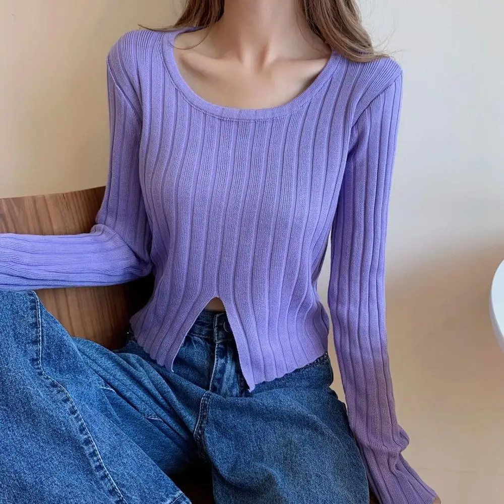 Split Sweater Shirts Crop Tops Woman Simple O-neck Slim Full Sleeve Knitted Streetwear Sweaters Pullovers Female 2020 Autumn