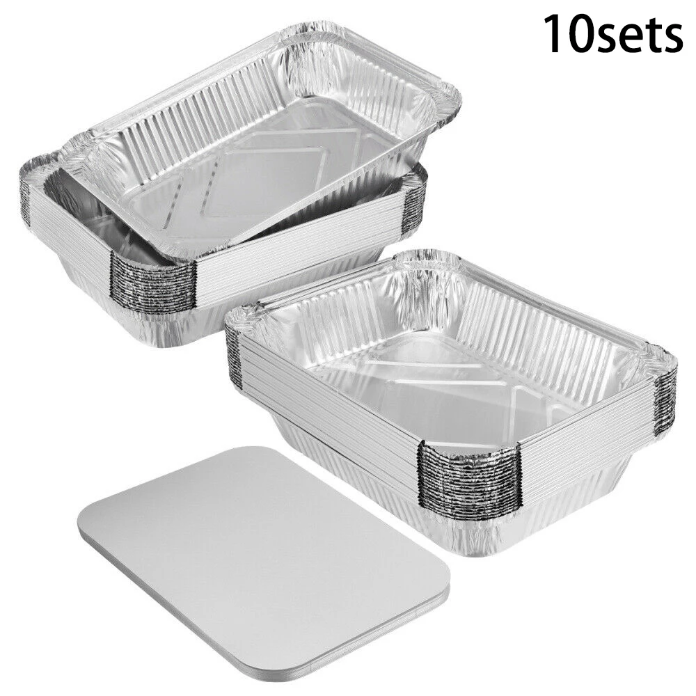 10 Set Aluminum Foil BBQ Box Trays Mold Disposable Roasting Baking Tray +Lid Disposable BBQ Boxes 22.4*17.5*4cm 930ML Drip Pans