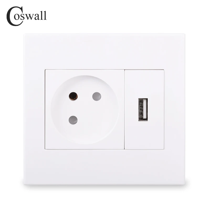 Coswall Simple Style PC Panel Israel Wall Socket Grounded With DC 5V 2A Output USB Charging Port White Color