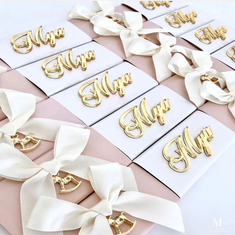 10 Pcs Gepersonaliseerde Goud/Zilver Acryl Custom Logo En Naam Baby Doop Chocolate Bar Label Wedding Tafel Landmark Decoratie