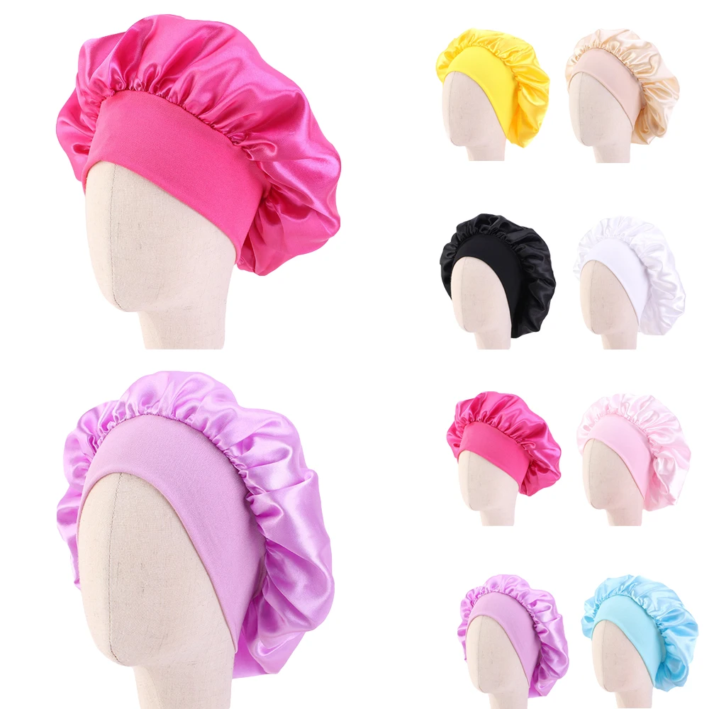 

Kids Night Sleep Cap Hair Care Bonnet Hat Head Cover Satin Turban Head Wrap Wide Band Elastic Beanies Skullies Bathing Cap 29cm