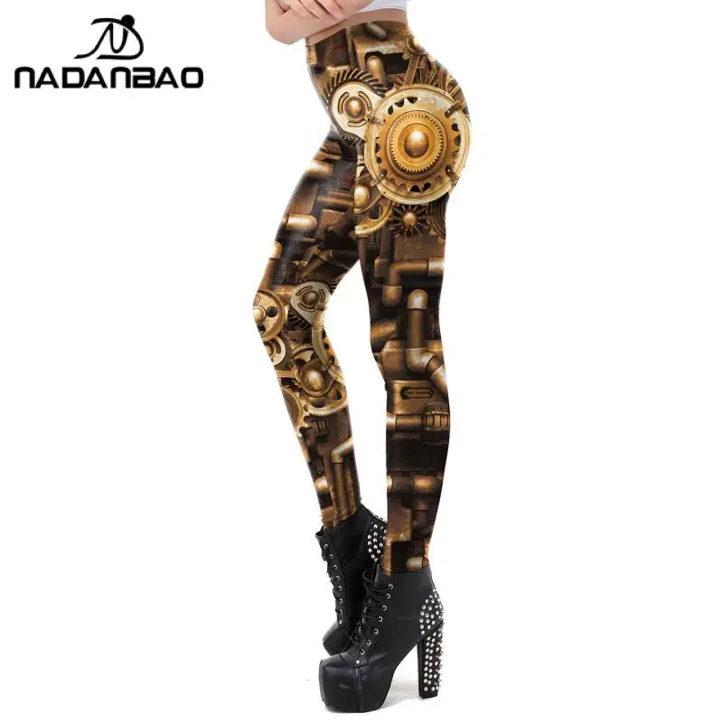 NADANBAO Gold Metal Gear Punk Leggings Women Fashion Steampunk Machinery Printing Tights High Waist Push-Up Workout Pants S-XL